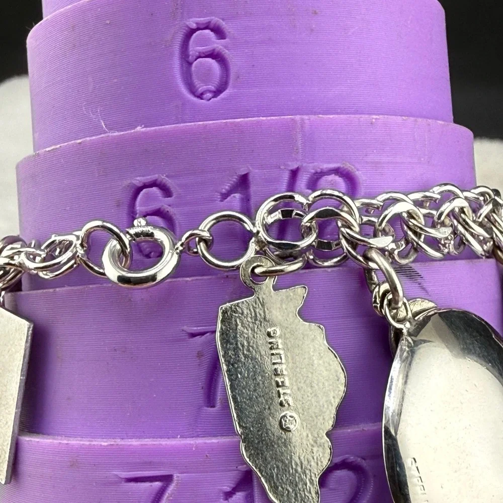 Vintage Mostly Sterling Silver Charm Bracelet Travel Souvenir Disneyland 7in